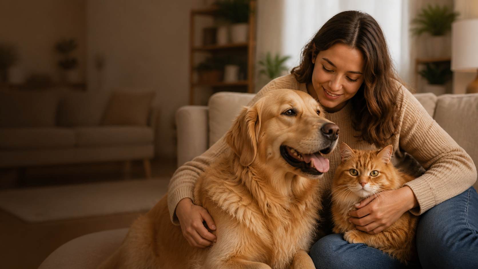 Mulher no sofá abraçando seu cachorro e seu gato